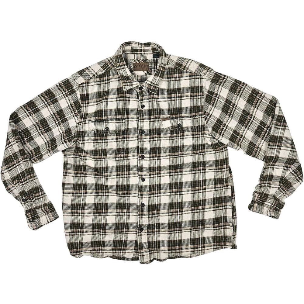 Orvis Mens XL Thick Flannel Button Shirt Jacket Shacket Hand Pockets Heavyweight